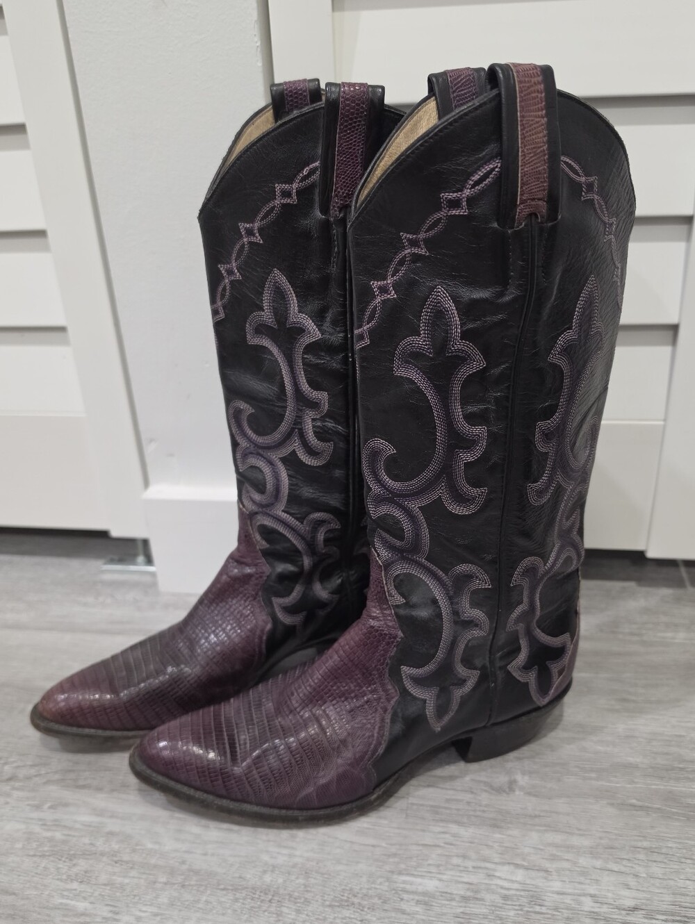 Vintage Larry Mahan Teju Lizard & Purple & Black Leather Cowboy Boots Sz. 7.5
